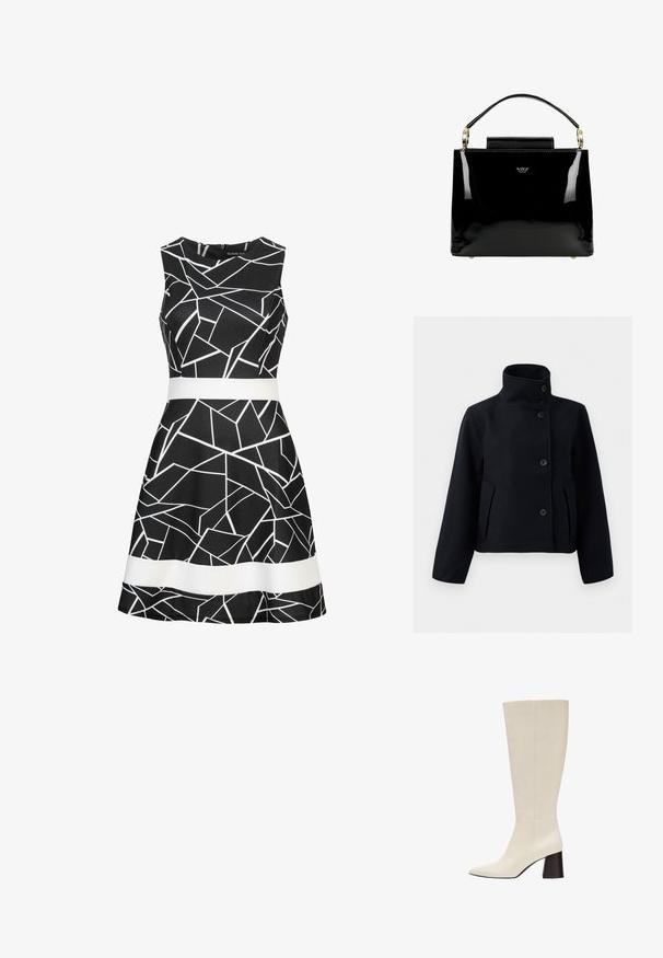 Manteau en laine noir avec un col haut, présentant une fermeture à double bouton, deux poches latérales et une silhouette ajustée.; Robe sans manches noire avec un motif géométrique blanc et une ceinture blanche contrastante à la taille. Tissu lisse et design de jupe évasée.; Botte en cuir couleur crème montant jusqu’au genou avec bout pointu et talon bloc foncé sur fond blanc.; Sac à main en cuir verni noir avec un design structuré, comportant une poignée supérieure, des accents en métal doré et un petit rabat à l'avant.