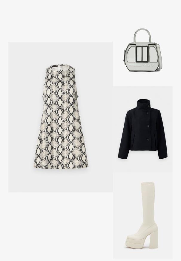 Manteau en laine noir avec un col haut, présentant une fermeture à double bouton, deux poches latérales et une silhouette ajustée.; Une robe sans manches avec un motif de serpent beige et noir, un col rond et une fermeture éclair dans le dos.; Steve Madden CYPRESS - Bottes à plateau - off white; Petit sac à main argenté avec garniture noire, poignée supérieure, bandoulière amovible et icônes de skieur embossées sur le panneau avant.