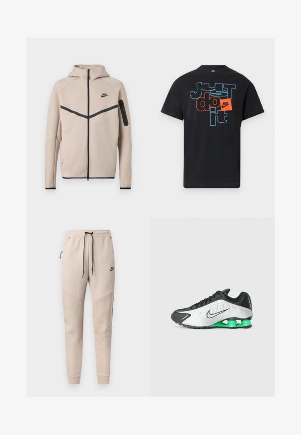 Μπεζ φούτερ μπουφάν Nike με κουκούλα και πλήρες φερμουάρ μπροστά, μαύρη λωρίδα σχήματος έλξης στο στήθος και τσέπη με φερμουάρ στο αριστερό μανίκι.; Μαύρο T-shirt Nike με το κείμενο «Just do it» σε μπλε περίγραμμα και πορτοκαλί μπλοκ γράμματα, με πορτοκαλί μπαλώμα λογότυπου Nike στο στήθος.; Μπεζ φόρμες Nike με μαύρο κορδόνι, τσέπη στο πλάι με φερμουάρ, ραμμένα πάνελ στα γόνατα και ελαστικές μανσέτες.; Μαύρο και λευκό αθλητικό παπούτσι με πράσινες λεπτομέρειες, που διαθέτει κομψό σχεδιασμό, υφασμάτινη επιφάνεια με υφή και χαρακτηριστική τμηματική σόλα.