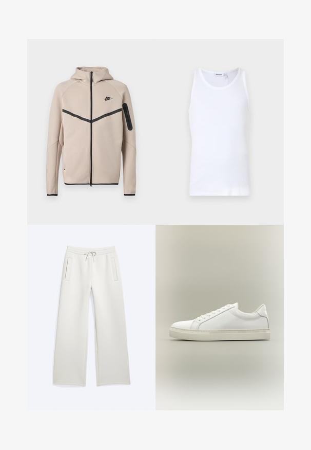 Μπεζ φούτερ μπουφάν Nike με κουκούλα και πλήρες φερμουάρ μπροστά, μαύρη λωρίδα σχήματος έλξης στο στήθος και τσέπη με φερμουάρ στο αριστερό μανίκι.; Λευκό βαμβακερό τοπ με στρογγυλή λαιμόκοψη και φαρδιές τιράντες. Απαλή υφή, χωρίς μοτίβα, καθαρός σχεδιασμός και επώνυμη ετικέτα στη λαιμόκοψη.; Ανοιχτό μπεζ παντελόνια φαρδιάς γραμμής με ελαστική μέση και κορδόνι, με δύο κάθετες σχισμές τσέπες μπροστά.; Λευκό sneaker χαμηλού τύπου με κορδόνια μπροστά και χοντρή σόλα, εμφανίζεται από το πλάι σε ουδέτερο φόντο.