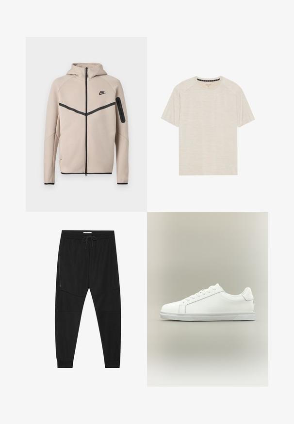 Μπεζ φούτερ μπουφάν Nike με κουκούλα και πλήρες φερμουάρ μπροστά, μαύρη λωρίδα σχήματος έλξης στο στήθος και τσέπη με φερμουάρ στο αριστερό μανίκι.; Ανοιχτό μπεζ κοντομάνικο μπλουζάκι φτιαγμένο από υφασμάτινο πηλό, με στρογγυλή λαιμόκοψη και ραγκλάν μανίκια. Διακριτό σχέδιο οριζόντιων ρίγων.; Μαύρο αθλητικό παντελόνι από υλικό με υφή, με ρυθμιζόμενη μέση, φερμουάρ πλευρική τσέπη και στενό τελείωμα στους αστραγάλους.; Λευκό αθλητικό παπούτσι χαμηλού τύπου με κορδόνια μπροστά και υφασμένο λάστιχο στη σόλα, σε ουδέτερο απλό φόντο.