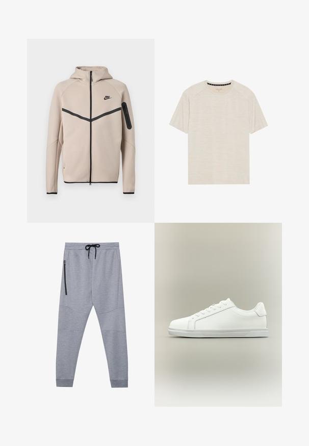 Μπεζ φούτερ μπουφάν Nike με κουκούλα και πλήρες φερμουάρ μπροστά, μαύρη λωρίδα σχήματος έλξης στο στήθος και τσέπη με φερμουάρ στο αριστερό μανίκι.; Ανοιχτό μπεζ κοντομάνικο μπλουζάκι φτιαγμένο από υφασμάτινο πηλό, με στρογγυλή λαιμόκοψη και ραγκλάν μανίκια. Διακριτό σχέδιο οριζόντιων ρίγων.; Γκρι φόρμες από μαλακό ύφασμα με ελαστική μέση και κορδόνι, στενές γραμμές και πλαϊνή τσέπη με φερμουάρ για ασφαλή αποθήκευση.; Λευκό αθλητικό παπούτσι χαμηλού τύπου με κορδόνια μπροστά και υφασμένο λάστιχο στη σόλα, σε ουδέτερο απλό φόντο.