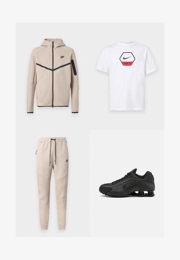 Μπεζ φούτερ μπουφάν Nike με κουκούλα και πλήρες φερμουάρ μπροστά, μαύρη λωρίδα σχήματος έλξης στο στήθος και τσέπη με φερμουάρ στο αριστερό μανίκι.; Άσπρο κοντομάνικο μπλουζάκι Nike με κόκκινο και μαύρο εξαγωνικό λογότυπο που φέρει το σύμβολο Nike swoosh και το όνομα της μάρκας στο στήθος.; Μπεζ φόρμες Nike με μαύρο κορδόνι, τσέπη στο πλάι με φερμουάρ, ραμμένα πάνελ στα γόνατα και ελαστικές μανσέτες.; Μαύρα αθλητικά παπούτσια με λείο συνθετικό άνω μέρος, διάτρητες λεπτομέρειες, υφή στις πλευρές και ξεχωριστή ελαστική σόλα.