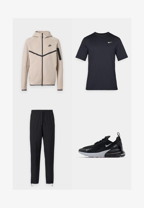Μπεζ φούτερ μπουφάν Nike με κουκούλα και πλήρες φερμουάρ μπροστά, μαύρη λωρίδα σχήματος έλξης στο στήθος και τσέπη με φερμουάρ στο αριστερό μανίκι.; Μαύρο κοντομάνικο μπλουζάκι Nike από λείο ύφασμα, με λευκό λογότυπο swoosh στην πάνω αριστερή πλευρά, στρογγυλή λαιμόκοψη.; Μαύρο, ελαφρύ αθλητικό παντελόνι με ελαστική μέση και κορδόνι, με στενά πόδια και φερμουάρ στον αστράγαλο για ρύθμιση.; Μαύρο αθλητικό παπούτσι με διχτυωτό πάνω μέρος, λευκή ενδιάμεση σόλα και ορατή αεροθάλαμο στην φτέρνα. Κομψός σχεδιασμός με διακριτικές ασημένιες λεπτομέρειες.