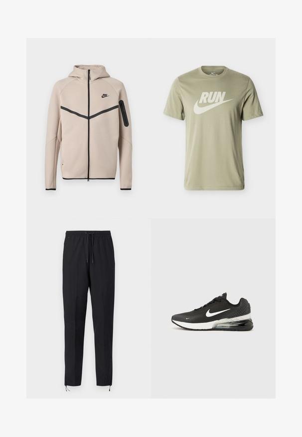 Μπεζ φούτερ μπουφάν Nike με κουκούλα και πλήρες φερμουάρ μπροστά, μαύρη λωρίδα σχήματος έλξης στο στήθος και τσέπη με φερμουάρ στο αριστερό μανίκι.; Ανοιχτό ελαιδί πράσινο κοντομάνικο μπλουζάκι Nike με το κείμενο «RUN» και το λογότυπο Nike Swoosh σε μεγάλο λευκό τύπωμα στο μπροστινό μέρος.; Μαύρο, ελαφρύ αθλητικό παντελόνι με ελαστική μέση και κορδόνι, με στενά πόδια και φερμουάρ στον αστράγαλο για ρύθμιση.; Μαύρο αθλητικό παπούτσι Nike Air Max 270 με λευκό λογότυπο Swoosh, λευκή μεσαία σόλα και ορατό αερόσασμα στη φτέρνα, σε απλό φόντο.