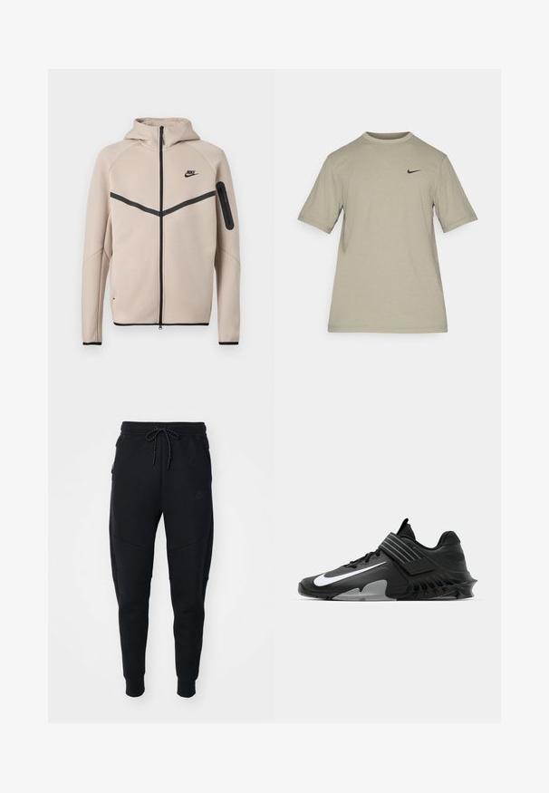Μπεζ φούτερ μπουφάν Nike με κουκούλα και πλήρες φερμουάρ μπροστά, μαύρη λωρίδα σχήματος έλξης στο στήθος και τσέπη με φερμουάρ στο αριστερό μανίκι.; Ανοιχτό γκρι κοντομάνικο T-shirt της Nike με στρογγυλή λαιμόκοψη και μικρό μαύρο λογότυπο Nike swoosh στο αριστερό στήθος.; Μαύροι joggers από απαλό ύφασμα, με μέση που ρυθμίζεται με κορδόνι, κωνικά πόδια και πλαϊνές τσέπες με κομψό σχέδιο.; Μαύρα αθλητικά παπούτσια με κομψό σχέδιο, που διαθέτουν το χαρακτηριστικό λευκό λογότυπο της Nike, υφασμάτινες επικαλύψεις και μια διακριτική μορφοποιημένη σόλα.