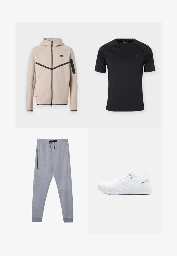 Μπεζ φούτερ μπουφάν Nike με κουκούλα και πλήρες φερμουάρ μπροστά, μαύρη λωρίδα σχήματος έλξης στο στήθος και τσέπη με φερμουάρ στο αριστερό μανίκι.; Μαύρο αθλητικό κοντομάνικο μπλουζάκι με στρογγυλή λαιμόκοψη και μικρό λογότυπο στο αριστερό στήθος, εμφανιζόμενο σε απλό ανοιχτό φόντο.; Γκρι φόρμες από μαλακό ύφασμα με ελαστική μέση και κορδόνι, στενές γραμμές και πλαϊνή τσέπη με φερμουάρ για ασφαλή αποθήκευση.; Άσπρο ελαφρύ αθλητικό παπούτσι χαμηλού τύπου με υφή στην σόλα, μπροστινό δέσιμο με κορδόνια και λογότυπο "JACK & JONES" στο πλάι του αστραγάλου.