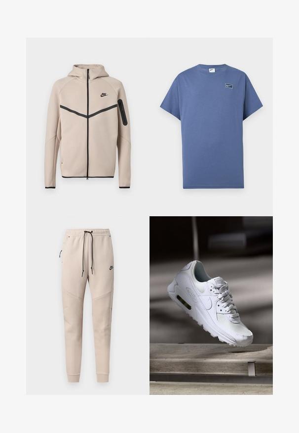 Μπεζ φούτερ μπουφάν Nike με κουκούλα και πλήρες φερμουάρ μπροστά, μαύρη λωρίδα σχήματος έλξης στο στήθος και τσέπη με φερμουάρ στο αριστερό μανίκι.; Μπλε κοντομάνικη μπλούζα με στρογγυλή λαιμόκοψη και μικρό λογότυπο Nike swoosh μέσα σε στρογγυλεμένο τετράγωνο στο αριστερό στήθος.; Μπεζ φόρμες Nike με μαύρο κορδόνι, τσέπη στο πλάι με φερμουάρ, ραμμένα πάνελ στα γόνατα και ελαστικές μανσέτες.; Λευκό αθλητικό παπούτσι Nike Air Max 90 με άνω μέρος από διχτυωτό και δερμάτινο υλικό, τρυπητό μπροστινό μέρος και ορατή μονάδα αέρα στη φτέρνα.