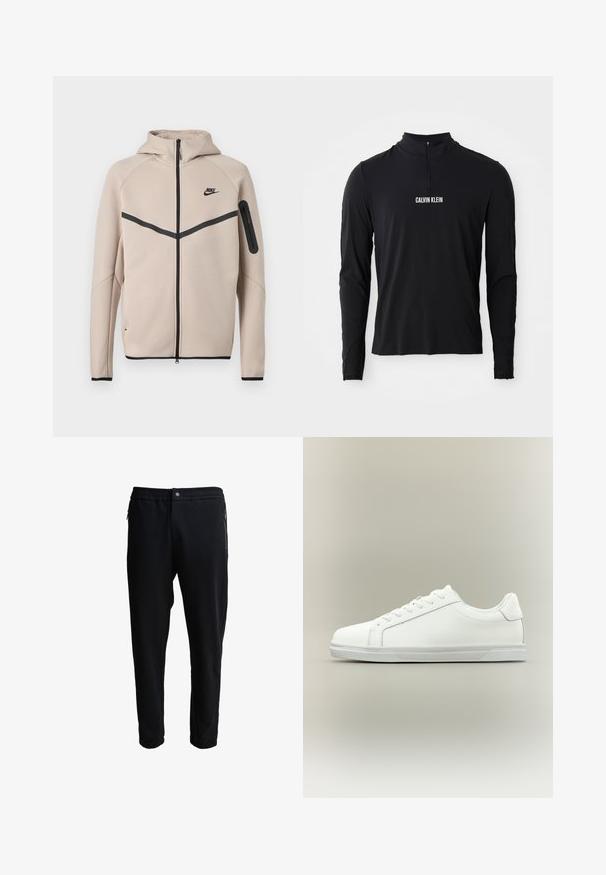 Μπεζ φούτερ μπουφάν Nike με κουκούλα και πλήρες φερμουάρ μπροστά, μαύρη λωρίδα σχήματος έλξης στο στήθος και τσέπη με φερμουάρ στο αριστερό μανίκι.; Μαύρο μπλούζα με μακριά μανίκια και ψηλό γιακά, με φερμουάρ μέχρι το ένα τέταρτο και λευκό λογότυπο "CALVIN KLEIN" μπροστά. Λείο, ελαστικό ύφασμα.; Μαύρες φόρμες τρεξίματος με ελαστική μέση, πλαϊνές τσέπες με φερμουάρ και κωνικές γραμμές. Κατασκευασμένες από μαλακό ύφασμα με λεία υφή.; Λευκό αθλητικό παπούτσι χαμηλού τύπου με κορδόνια μπροστά και υφασμένο λάστιχο στη σόλα, σε ουδέτερο απλό φόντο.