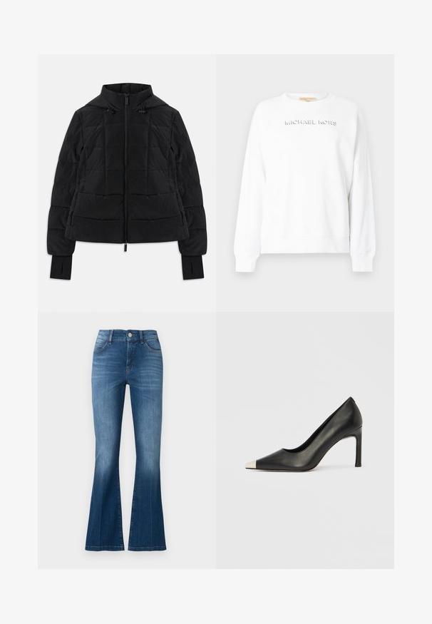 Sort quiltet jakke med hætte, frontlynlås, justerbare snore og tommelhulskanter på lange ærmer.; Hvid sweatshirt med lange ærmer, der har et præget "MICHAEL KORS"-logo på forsiden. Lavet af blødt bomuldsstof. Klassisk rund halsudskæring.; Blå denim flare jeans med frontknap, lynlås og fem-lomme design, der viser let falmning på lår og knæ.; Sort læder højhælet sko med spids tå og metal-sølv hætte. Har en glat finish og en slank hæl på 10 cm.