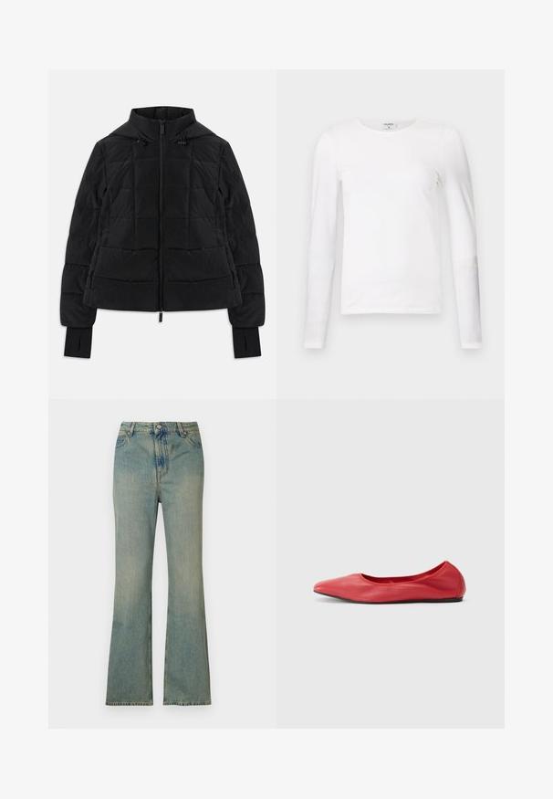 Chaqueta negra acolchada con capucha, cremallera frontal, cordones ajustables y puños con orificio para el pulgar en las mangas largas.; Camiseta de manga larga blanca, hecha de algodón suave, que presenta un escote redondo y un diseño ajustado con costuras limpias y sin patrones visibles.; Vaqueros de campana de denim azul claro con cintura alta, cinco bolsillos y cremallera. Acabado limpio y deslavado con detalles de costura sutiles.; Filippa K REY FLATS - Bailarinas - bright red