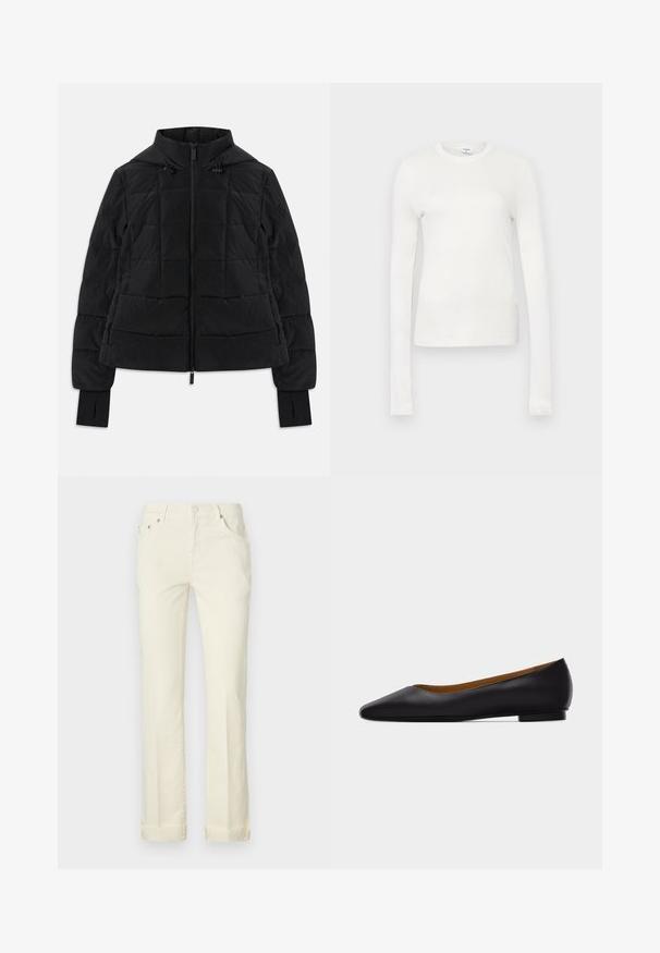 Must mustriga jakk kapuutsiga, esimeses tõmblukuga, reguleeritavad tõmblukud ja pikkade varrukate mansetid, millel on sõrmeauk.; Valge pika varrukaga T-särk, mis on valmistatud pehmest puuvillast. Omab ümmargust dekolteed, vormitud siluetti ja sujuvat tekstuuri. Ei sisalda mustreid või aktsente.; Kerged kollased sirged teksapüksid, mis on valmistatud puuvillast ja millel on viis taskut, vöölingid ning keeratud ääred.; Mustast nahast terava ninaga madala kontsaga tasasel tallal king, nähtud küljelt helehallil taustal.