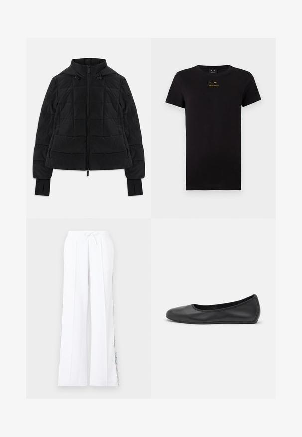 Schwarze gestepptejacke mit Kapuze, Frontreißverschluss, verstellbaren Kordeln und Daumenlöchern an den langen Ärmeln.; Schwarzes T-Shirt mit kurzen Ärmeln aus Baumwolle. Besitzt ein aufgedrucktes goldenes Logo auf der Brust. Klassisches Rundhalsausschnitt-Design. Weiche Textur.; Weiße Schlaghosen mit elastischem Bund und Kordelzug, versehen mit einem dezenten blauen grafischen Design entlang der seitlichen Außennaht.; Schwarze Leder-Ballettschuhe mit abgerundeter Spitze, glatter Textur, minimalen Nähdetails und einem flexiblen Sohlen-Design.