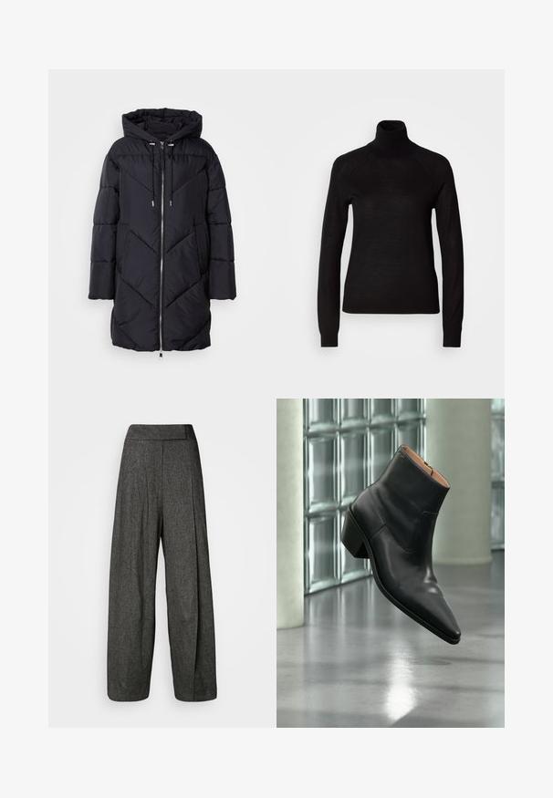 Manteau matelassé noir avec capuche, présentant une fermeture éclair et un motif matelassé angulaire. Le matériau a une texture lisse et brillante.; Pull à col roulé noir en tissu tricot léger. Avec des manches longues et une silhouette ajustée dotée de coutures raglan.; Pantalons larges gris en tissu texturé, avec une taille haute, des plis avant et une coupe droite qui s'étend jusqu'à la cheville.; Bottine en cuir noir avec un bout pointu et un talon carré lévitant au-dessus d'un sol gris réfléchissant près d'un mur en blocs de verre.
