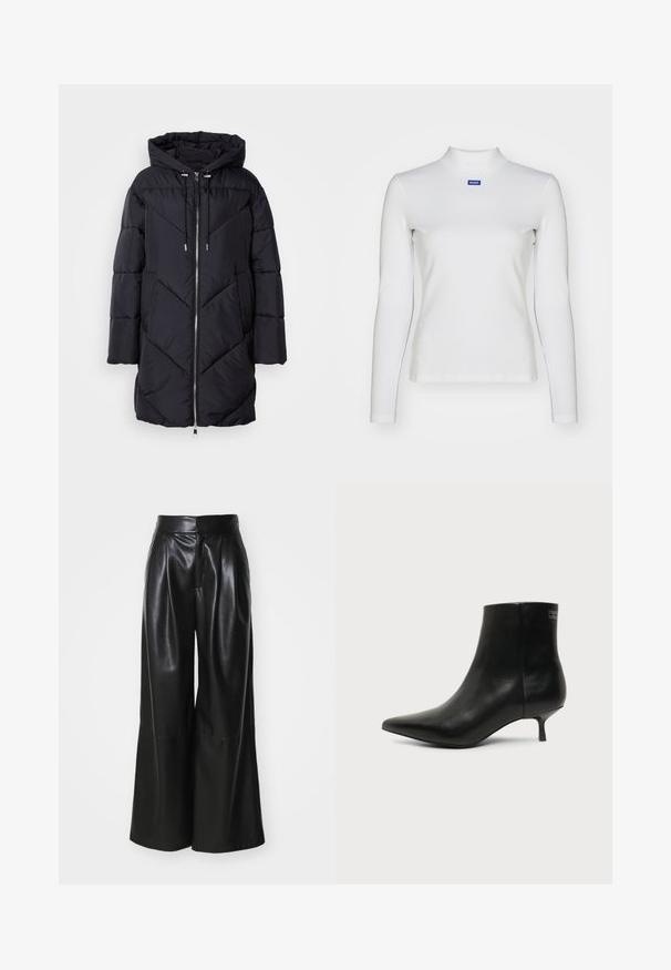 Manteau matelassé noir avec capuche, présentant une fermeture éclair et un motif matelassé angulaire. Le matériau a une texture lisse et brillante.; Haut à col roulé blanc à manches longues en tissu extensible, avec une coupe ajustée et un petit logo bleu sur la poitrine.; Pantalons large en faux cuir noir, taille haute, avec un devant plissé et une texture lisse. Caractéristiques d'un design épuré et minimaliste.; Bottine en cuir noir avec bout pointu et petit talon kitten sur fond clair, vue côté extérieur.