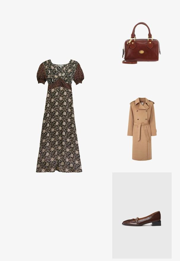 Gabardina de lana beige con botones de doble botonadura, cinturilla ceñida, amplio collar y epaulettes en los hombros. Textura suave y diseño hasta la rodilla.; Vestido maxi marrón con estampado floral, mangas cortas abullonadas con lunares blancos, escote en V y panel ajustado en la cintura.; Zapato Mary Jane de charol marrón oscuro con un tacón bajo cuadrado negro y correa con hebilla plateada, mostrado de perfil sobre un fondo blanco.; The Bridge STODO - Bolso de mano - marrone oro