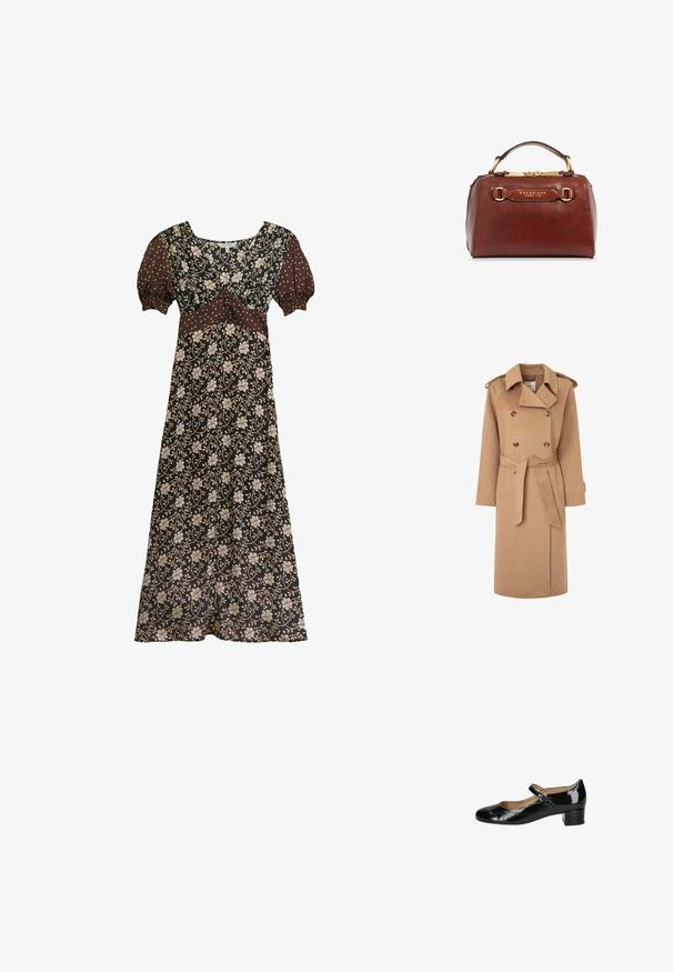 Gabardina de lana beige con botones de doble botonadura, cinturilla ceñida, amplio collar y epaulettes en los hombros. Textura suave y diseño hasta la rodilla.; Vestido maxi marrón con estampado floral, mangas cortas abullonadas con lunares blancos, escote en V y panel ajustado en la cintura.; Zapato Mary Jane de charol negro con puntera redondeada, correa ajustable con hebilla y un tacón bajo en bloque. Textura suave con un acabado brillante.; Bolso compacto de piel marrón con herrajes en tono dorado, asa superior y el texto «THE BRIDGE FIRENZE 1969» grabado en la parte delantera.