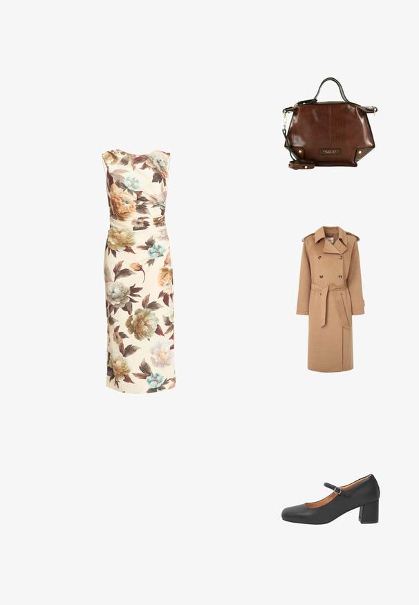 Gabardina de lana beige con botones de doble botonadura, cinturilla ceñida, amplio collar y epaulettes en los hombros. Textura suave y diseño hasta la rodilla.; Vestido midi sin mangas beige con gran estampado floral en naranja suave, crema, azul y marrón, con detalle fruncido en la cintura.; Zapato Mary Jane de cuero negro con punta redondeada, una correa con una hebilla metálica circular y tacón grueso. Textura lisa.; The Bridge Bandolera - marrone oro