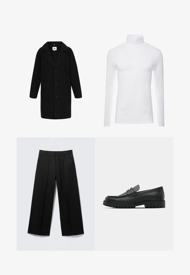 Manteau noir avec un col cranté, des manches longues et une coupe droite. Le tissu a une texture douce, présente des boutons et des poches latérales.; Chemise à col roulé à manches longues blanche en tissu doux et extensible. Présente un col haut et une coupe ajustée, offrant une silhouette épurée.; Pantalon large noir avec passants pour ceinture, poches avant et fermeture éclair, présenté sur un fond gris clair.; Mocassins en cuir noir à bout arrondi, avec un design cousu, une semelle plateforme basse et une semelle en caoutchouc texturée et crantée.