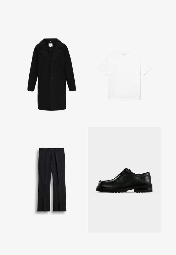 Manteau noir avec un col cranté, des manches longues et une coupe droite. Le tissu a une texture douce, présente des boutons et des poches latérales.; T-shirt en coton blanc avec des manches courtes, un col rond et un ourlet droit. Texture lisse sans motifs ni accents visibles.; Pantalon de costume noir à jambes droites avec bouton devant, fermeture éclair, passants de ceinture et poches latérales sur fond blanc uni.; Chaussure en cuir noir à lacets avec semelle épaisse en caoutchouc et couture moc toe, vue de profil gauche sur fond clair uni.