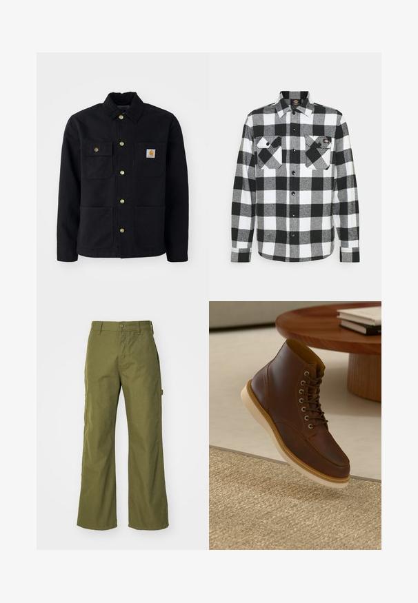 Zwarte jacket van duurzaam materiaal, met een kraag, gouden knopen, twee borstzakken en een vierkant logo-patch op de linkerzak.; Zwart-witte flanellen blouse met een geruit patroon, voorzien van twee borstzakken, knoopsluiting en een kraag. Zachte, gestructureerde stof.; Olijfgroene wijde broek van duurzaam materiaal, met een knoopsluiting, zijzakken en een rechte zoom.; Bruine leren enkelboot met beige zool op een gestructureerd beige vloerkleed naast een ronde houten tafel met opgestapelde boeken.