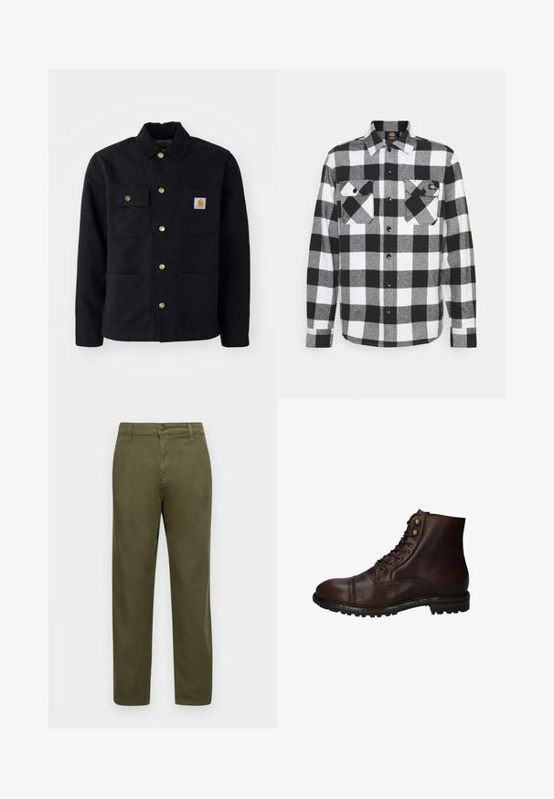 Zwarte jacket van duurzaam materiaal, met een kraag, gouden knopen, twee borstzakken en een vierkant logo-patch op de linkerzak.; Zwart-witte flanellen blouse met een geruit patroon, voorzien van twee borstzakken, knoopsluiting en een kraag. Zachte, gestructureerde stof.; Olijfgroene katoenen broeken met een recht model, knoopsluiting en minimale stikseldetails. Gladde textuur en geen uitgesproken patronen.; Donkergrote leren veterschoenen tot de enkels met een robuuste rubberen zool en metalen veters, gezien vanuit de buitenzijde.
