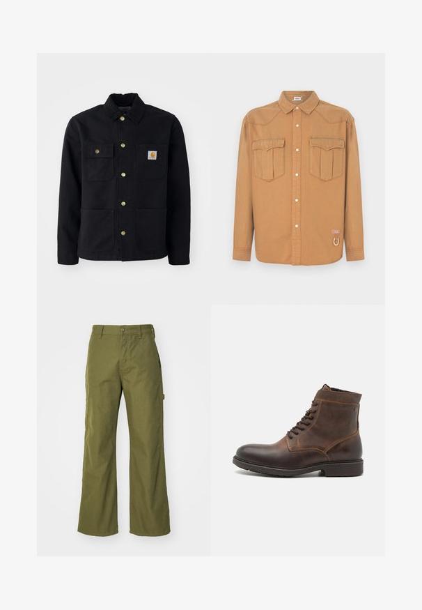 Zwarte jacket van duurzaam materiaal, met een kraag, gouden knopen, twee borstzakken en een vierkant logo-patch op de linkerzak.; Bruine denim blouse met twee borstzakken, puntkraag, knopen aan de voorkant en contrasterende stiksels. Voorzien van een logopatch en lusdetail.; Olijfgroene wijde broek van duurzaam materiaal, met een knoopsluiting, zijzakken en een rechte zoom.; Jack & Jones JFWDELANEY BOOT - Veterboots - cognac