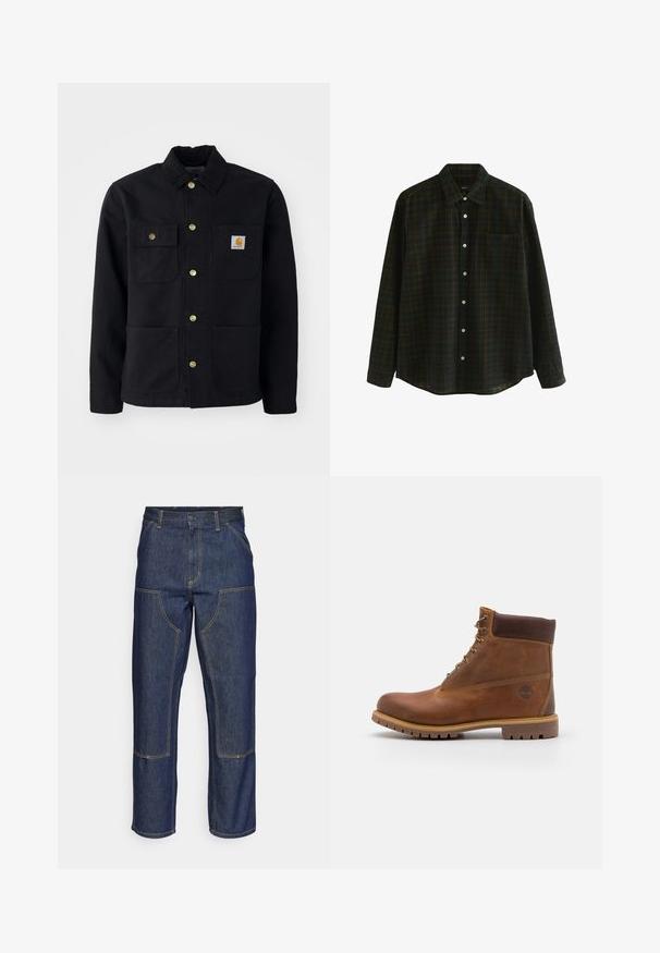 Zwarte jacket van duurzaam materiaal, met een kraag, gouden knopen, twee borstzakken en een vierkant logo-patch op de linkerzak.; Zwart en groen geruite flanel shirt, lange mouwen, knoopsluiting, één borstzak, zachte textuur, witte knopen, afgeronde zoom.; Donkerblauwe denim jeans met een hoge taille, rechte pijpen, contrasterende stiksels en opgestikte zakken aan de voorkant.; Bruine leren wandelschoen met een gladde afwerking, gevoerde enkel, metalen oogjes en een rubberen zool met een robuust profiel.
