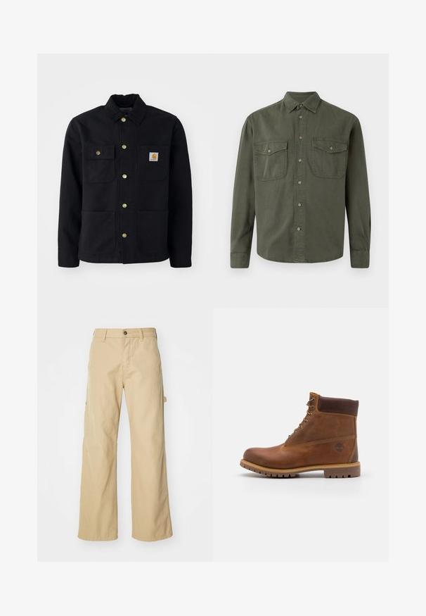 Zwarte jacket van duurzaam materiaal, met een kraag, gouden knopen, twee borstzakken en een vierkant logo-patch op de linkerzak.; Khaki langekootshirt van katoen. Heeft een knoopsluiting aan de voorkant, twee borstzakken met kleppen en een klassieke kraag. Eenvoudig ontwerp.; Beige wijde cargo broek met een knoopsluiting, voorzien van zijzakken, gemaakt van stevig katoen, met een soepele textuur en een recht gesneden ontwerp.; Bruine leren wandelschoen met een gladde afwerking, gevoerde enkel, metalen oogjes en een rubberen zool met een robuust profiel.