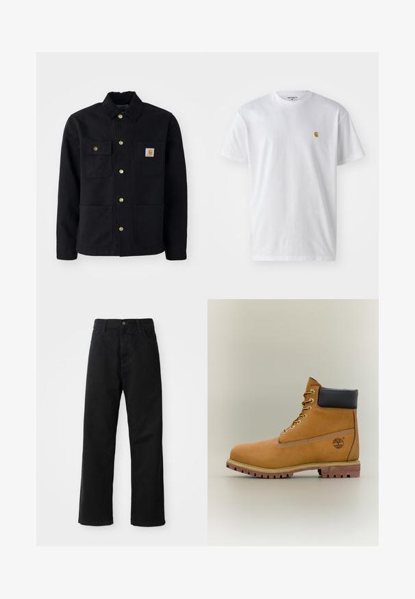 Zwarte jacket van duurzaam materiaal, met een kraag, gouden knopen, twee borstzakken en een vierkant logo-patch op de linkerzak.; Witte katoenen t-shirt met korte mouwen en ronde hals, voorzien van een klein gouden logo op de linkerkant van de borst. Zachte textuur en een normale pasvorm.; Zwarte denim broek met een rechte pasvorm, voorzien van voorzakken, een rits en een enkele bovenste knoop. Gestructureerde stof met een matte afwerking.; Bruine leren enkellaars met zwarte kraag, gele veters en een zandkleurige zool. Voorzien van een logo en witte stikseldetails. Robuuste loopzool met grip.