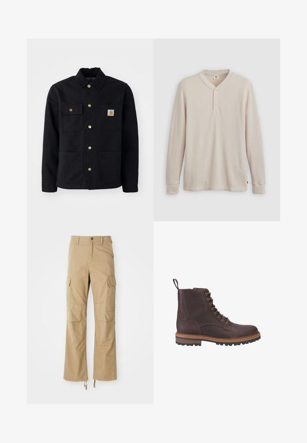Zwarte jacket van duurzaam materiaal, met een kraag, gouden knopen, twee borstzakken en een vierkant logo-patch op de linkerzak.; Lange mouwen henley-shirt in lichtbeige ribbelstof, met een V-hals, een drieknoopsluiting en manchetten. Rode logo-label aan de onderkant.; Khaki cargobroek gemaakt van duurzaam materiaal, met meerdere zijzakken, een rechte pijpdesign en verstelbare koorden aan de zoom.; Bruine leren veterschoenen tot boven de enkel met een gestructureerde afwerking, contrasterende beige zolen en metalen veteroogjes. Voorzien van een trekkoordje voor gemakkelijk aan- en uittrekken.