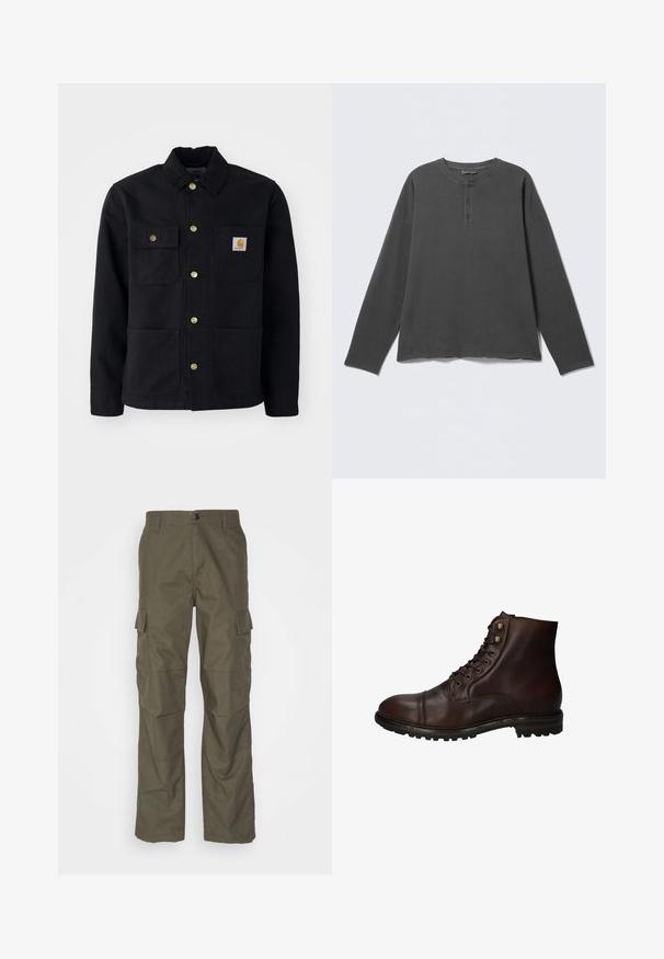 Zwarte jacket van duurzaam materiaal, met een kraag, gouden knopen, twee borstzakken en een vierkant logo-patch op de linkerzak.; Donkergrijs henley-shirt met lange mouwen, een ronde halslijn en drie knopen op de voorklep.; Olijfgroene cargobroek met rechte snit, gemaakt van gestructureerde stof. Bevat grote zijzakken en een knoopsluiting.; Donkergrote leren veterschoenen tot de enkels met een robuuste rubberen zool en metalen veters, gezien vanuit de buitenzijde.