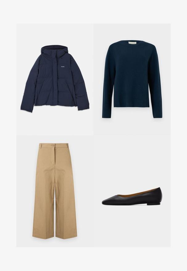 Mørkeblå dunjakke med snørehætte, fuld frontlynlås, to frontlommer og et lille hvidt logo på venstre bryst. Glat tekstur.; Marineblå langærmet rundhalset sweater med ribstrikket kant og ærmer, lavet af blødt strikstof.; Beige bukser med høj talje, vide ben, bæltestropper, knapper foran og skjult lynlås.; Sort læder flad sko med spids tå, lav hæl og glat finish, vist fra siden på en lysegrå baggrund.