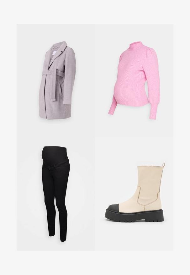 Lys grå bæltefrakke med krave, sidelommer og lange ærmer, lavet af blødt, struktureret stof, med et moderne skræddersyet design.; Rosa ribbet striktrøje med høj hals, pufærmer og tætsiddende kant. Designet til en gravid silhuet. Blød tekstur.; Sorte graviditetsjeans med en strækbar linning, tætsiddende form og klassisk fem-lomme design. Stoffet fremstår glat med en let glans.; Steve Madden GENNA - Plateaustøvletter - bone/black
