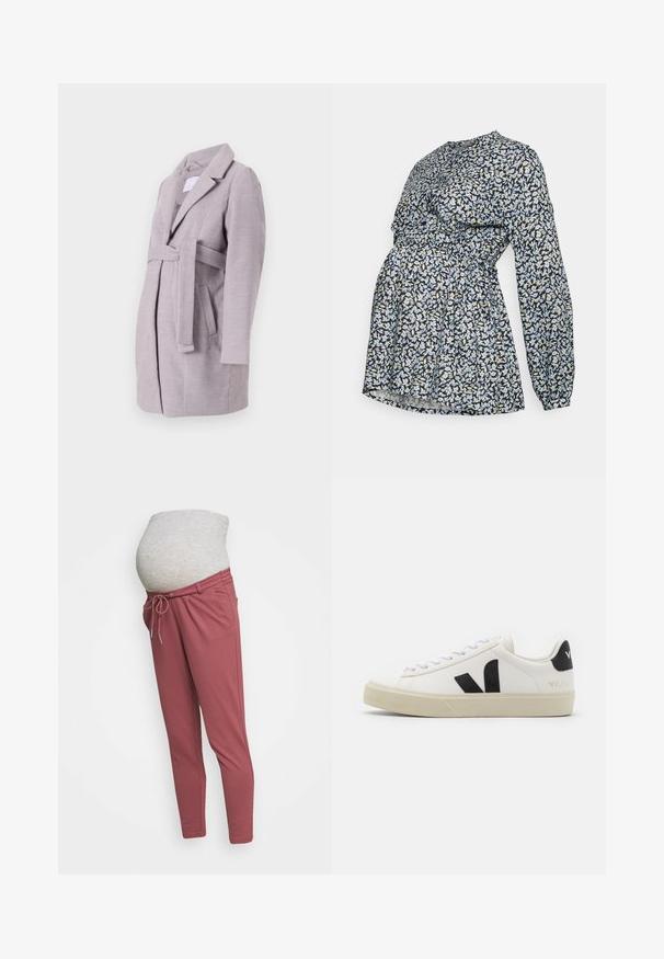 Lys grå bæltefrakke med krave, sidelommer og lange ærmer, lavet af blødt, struktureret stof, med et moderne skræddersyet design.; MAMALICIOUS MLDAVEY LIA - Bluse - parisian night; Mødre joggers i en støvet rosenfarve, lavet af blødt stof, med snor i taljen, sidelommer og tapered ben.; Hvide lædersneakers med sort gummiv V-logo. Tekstureret off-white sål, hvide snørebånd og bagside med brandnavn i sort.