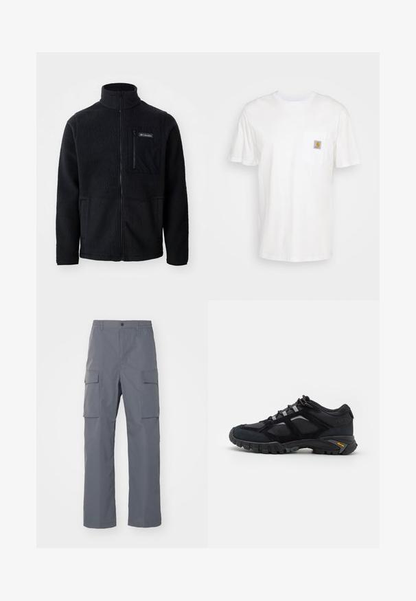 Zwarte fleece jas met hoge kraag, volledige ritssluiting aan de voorkant en een ritszak op de borst. Geweven, zachte stof met minimale naden.; Witte katoenen t-shirt met korte mouwen, een borstzak en een klein vierkant logo-opdruk in oranje en wit op de zak.; Grijze cargobroek van duurzaam materiaal. Kenmerken zijn een elastische tailleband, twee grote zijzakken en een rechte pijp.; Zwarte buitenschoen van suede en mesh met een robuuste zool. Voorzien van grijze accenten en Vibram-logo op de zijkant. Vetersluiting.