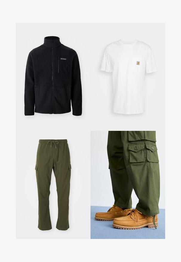 Sort fleecejakke med høj hals, fuld frontlynlås og lynlås-lomme på brystet. Tekstureret, blødt stof med minimale sømme.; Hvid bomulds T-shirt med korte ærmer, en brystlomme, og et lille firkantet logo patch i orange og hvid på lommen.; Olivenfarvede cargo bukser med elastisk talje, snor og sidelommer. Stoffet virker blødt med en glat overflade.; Timberland AUTHENTIC 3 EYE - Sejlersko - wheat