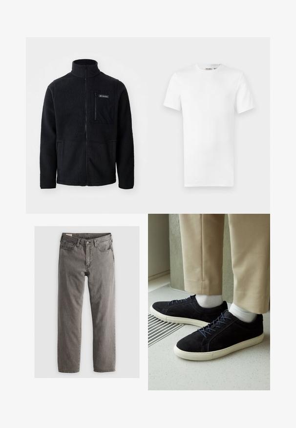 Sort fleecejakke med høj hals, fuld frontlynlås og lynlås-lomme på brystet. Tekstureret, blødt stof med minimale sømme.; Hvid, kortærmet T-shirt med rund hals og et lille brandlabel inde i kraven, vist på en hvid baggrund.; Grå denimjeans med lige pasform, fem-lomme-design og knaplukning; ingen synlige mønstre eller accenter; let bleget finish.; Sorte ruskinds sneakers med blå snørebånd, hvide gummisulder og en tekstureret overflade, båret med beige bukser og hvide sokker på et plettet gulv.