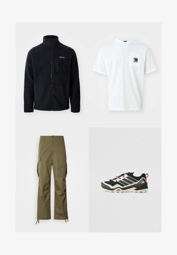 Schwarze Fleecejacke mit hohem Kragen, durchgehendem Reißverschluss und einer Reißverschlusstasche auf der Brust. Strukturiertes, weiches Material mit minimalen Nähten.; Weißes Baumwoll-T-Shirt mit kurzen Ärmeln, ausgestattet mit einer Brusttasche, die ein farbiges Grafikmotiv von Bergen und den Text "THE NORTH FACE" zeigt.; Olivgrüne Cargo-Hosen aus strapazierfähigem Stoff mit geradem Schnitt, Seitentaschen und verstellbaren Knöchelbindungen.; Schwarz-weißer Outdoor-Schuh mit strukturiertem Obermaterial, verstärkter Zehenpartie und robustem Profil. Merkmale sind blaue Schnürsenkel und orangefarbene Akzente.