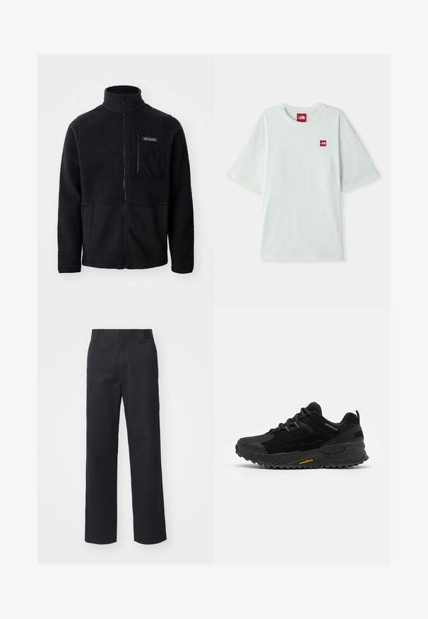 Sort fleecejakke med høj hals, fuld frontlynlås og lynlås-lomme på brystet. Tekstureret, blødt stof med minimale sømme.; Lysegrøn kortærmet t-shirt lavet af blød bomuld, med et lille rødt logo på venstre brystområde. Løs pasform og rund halsudskæring.; Sorte lige benbukser lavet af bomuldsblandet stof. Har en flad frontbetræk med bæltesløjfer og ingen synlig hardware eller udsmykninger.; Sort atletisk sko med en overdel af mesh og syntetisk materiale, en tekstureret gummisål, vandafvisende accenter og refleksdetaljer.