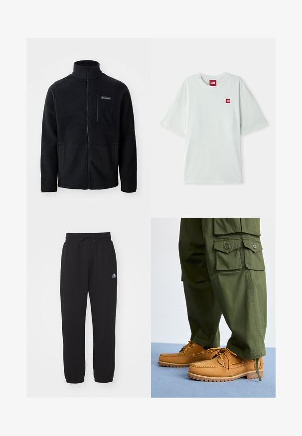 Sort fleecejakke med høj hals, fuld frontlynlås og lynlås-lomme på brystet. Tekstureret, blødt stof med minimale sømme.; Lysegrøn kortærmet t-shirt lavet af blød bomuld, med et lille rødt logo på venstre brystområde. Løs pasform og rund halsudskæring.; Sorte sweatpants lavet af blødt stof, med en elastisk talje med snor, manchetter ved anklerne og et lille logo på det øverste lår.; Timberland AUTHENTIC 3 EYE - Sejlersko - wheat