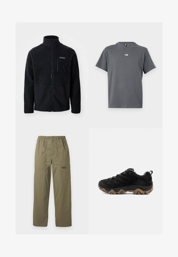 Schwarze Fleecejacke mit hohem Kragen, durchgehendem Reißverschluss und einer Reißverschlusstasche auf der Brust. Strukturiertes, weiches Material mit minimalen Nähten.; Graues T-Shirt mit kurzen Ärmeln und Rundhalsausschnitt, mit kleinem weißen The North Face-Logo mittig auf der Brust.; Olivgrüne, gerade geschnittene Hose mit elastischem Bund, vorderen aufgesetzten Taschen, Knopfverschluss und Columbia-Logo auf der rechten Tasche.; Schwarzer Wanderschuh mit robuster brauner Vibram-Sohle, Mesh- und Wildleder-Obermaterial, Schnürdesign und hinterer Zuglasche, von der Außenseite gezeigt.