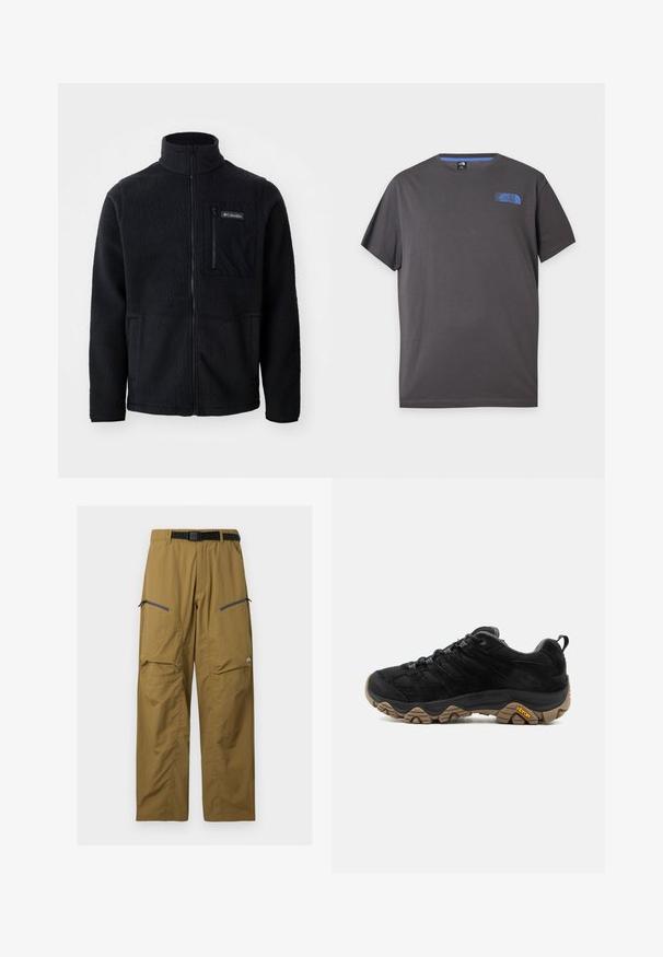 Sort fleecejakke med høj hals, fuld frontlynlås og lynlås-lomme på brystet. Tekstureret, blødt stof med minimale sømme.; Mørkegrå T-shirt med korte ærmer og rund hals med lille blå The North Face-logo på øverste venstre bryst mod hvid baggrund.; Khaki udendørs bukser med sort justerbart bælte, to lynlåslommer på låret og knæsyninger, vist på en ensfarvet baggrund.; Sort vandrestøvle med robust brun Vibram-sål, mesh og ruskindsoverdel, snørelukning og bageste trækskinnel, vist fra ydersiden.