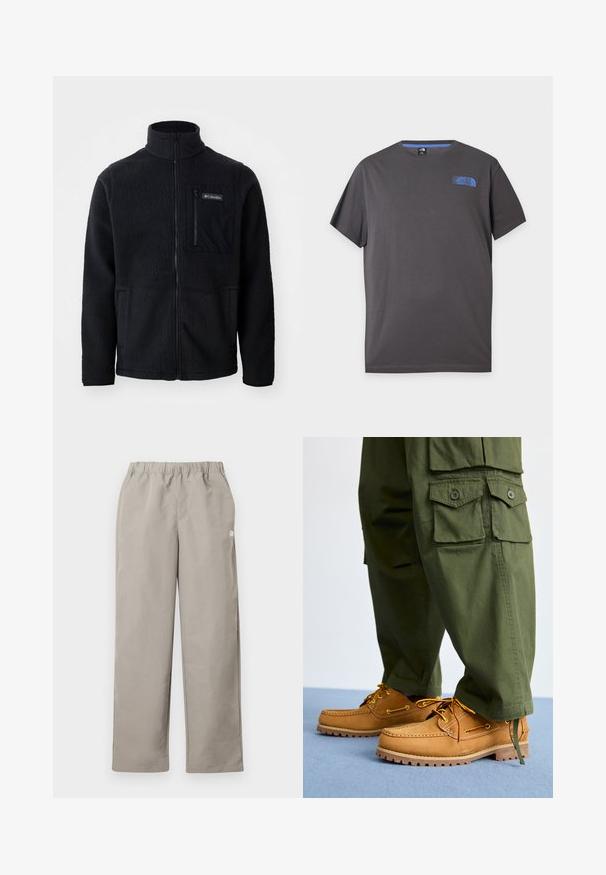 Zwarte fleece jas met hoge kraag, volledige ritssluiting aan de voorkant en een ritszak op de borst. Geweven, zachte stof met minimale naden.; Donkergrijs T-shirt met korte mouwen en ronde hals met een klein blauw The North Face-logo op de linker bovenborst tegen een witte achtergrond.; Beige rechte broek met elastische tailleband en een klein wit logo op het rechter zijnnaad.; Timberland AUTHENTIC 3 EYE - Bootschoenen - wheat