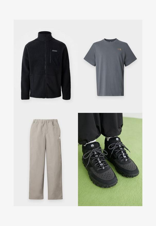 Zwarte fleece jas met hoge kraag, volledige ritssluiting aan de voorkant en een ritszak op de borst. Geweven, zachte stof met minimale naden.; Grijs katoenen T-shirt met korte mouwen, ronde hals, met een klein gouden logo op de linkerborst. Soepele textuur en eenvoudig ontwerp.; Beige rechte broek met elastische tailleband en een klein wit logo op het rechter zijnnaad.; Zwarte sneakers zijn gemaakt van een mix van leer en mesh-materialen, hebben een gestructureerde rubberen zool, opvallende perforaties en patroonveters met numerieke accenten.