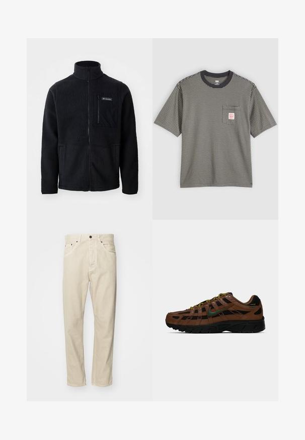 Zwarte fleece jas met hoge kraag, volledige ritssluiting aan de voorkant en een ritszak op de borst. Geweven, zachte stof met minimale naden.; Gestreept T-shirt met korte mouwen in grijs en zwart, gemaakt van katoen, met een ronde hals en een klein borstzakje met een label.; Beige katoenen broek met een rechtopstaand ontwerp, vijf zakken en metalen hardwareaccenten. Gladde textuur met minimale stikseldetails.; Bruine en zwarte lage sneakers met groene Nike swoosh, gele en zwarte veters en zwarte zool, zijaanzicht op een effen achtergrond.