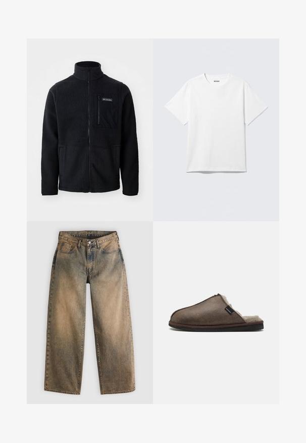 Zwarte fleece jas met hoge kraag, volledige ritssluiting aan de voorkant en een ritszak op de borst. Geweven, zachte stof met minimale naden.; Witte T-shirt met korte mouwen en ronde hals, plat gelegd, effen ontwerp, met een "WEEKDAY" label in de kraag op een lichte achtergrond.; Wijde spijkerbroek in een vervaagde bruine kleur met een lichte wassing. Voorzien van traditioneel ontwerp met vijf zakken en zichtbare stiksel-details.; Bruine leren slipper met een zachte, fluffige binnenkant en een vlakke zool, voorzien van een gestikte rand en een klein merketiket aan de zijkant.