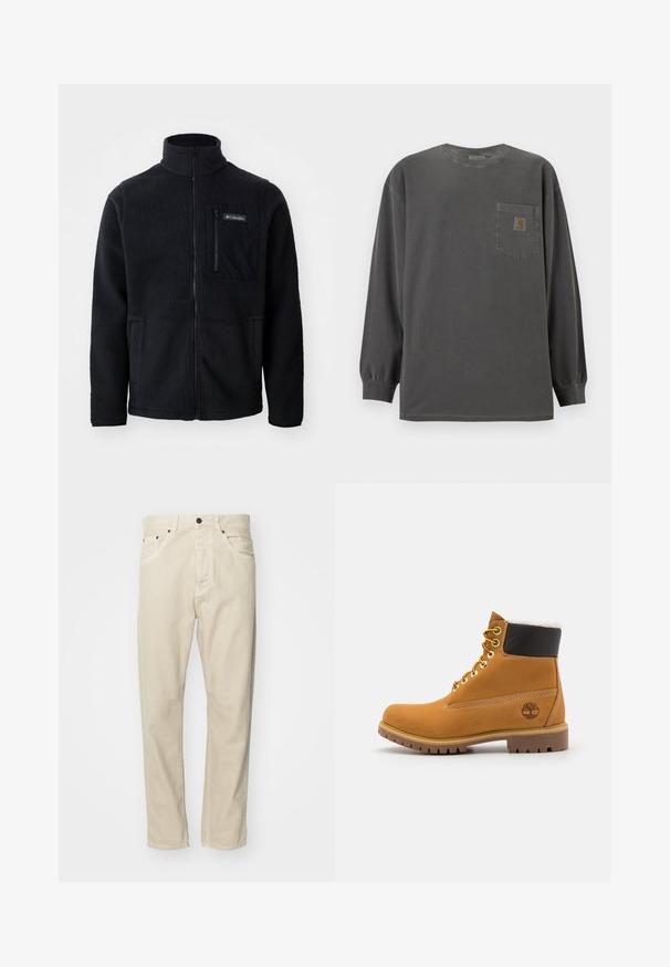 Sort fleecejakke med høj hals, fuld frontlynlås og lynlås-lomme på brystet. Tekstureret, blødt stof med minimale sømme.; Mørkegrå langærmet rundhals-shirt med brystlomme med et lille Carhartt-logo på lommen.; Beige, bomuldsbukser med lige pasform, fem lommer og metalhardware detaljer. Glat tekstur med minimale syninger.; Brune læder ankelstøvle med metaløjer, hvid pelsforing, sort polstret krave, robust sål og præget logo på siden.