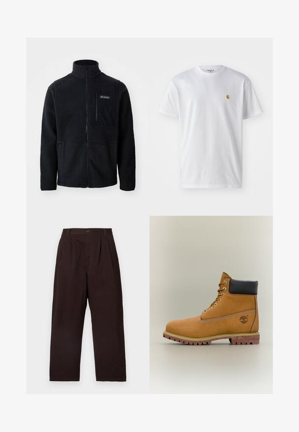 Sort fleecejakke med høj hals, fuld frontlynlås og lynlås-lomme på brystet. Tekstureret, blødt stof med minimale sømme.; Hvid bomulds t-shirt med korte ærmer, rund hals og et lille guld logo på venstre brystområde. Blød tekstur og almindelig pasform.; Mørkebrune plisserede bukser med knaplukning, lavet af blød bomuld. Har lige ben og en subtil tekstur.; Brun læderankelstøvle med sort krave, gule snørebånd og tanfarvet sål. Har logo og hvide syninger som detalje. Robust ydersål med greb.