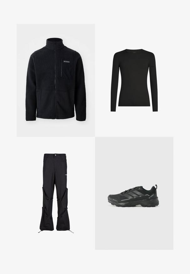 Schwarze Fleecejacke mit hohem Kragen, durchgehendem Reißverschluss und einer Reißverschlusstasche auf der Brust. Strukturiertes, weiches Material mit minimalen Nähten.; Schwarzes, langärmeliges, figurbetontes T-Shirt mit Rundhalsausschnitt und dezentem Icebreaker-Logo auf dem linken Ärmel, dargestellt vor weißem Hintergrund.; Schwarze Cargo-Hosen mit abnehmbaren Teilen, ausgestattet mit Knöpfen und Kordelzügen am Saum. Hergestellt aus strapazierfähigem Stoff mit einem lässigen Schnitt.; Schwarzer Sportschuh mit einem strukturierten Obermaterial aus Stoff, drei silbernen Streifen, verstärkter Zehenpartie und einer robusten Gummisohle für besten Halt.